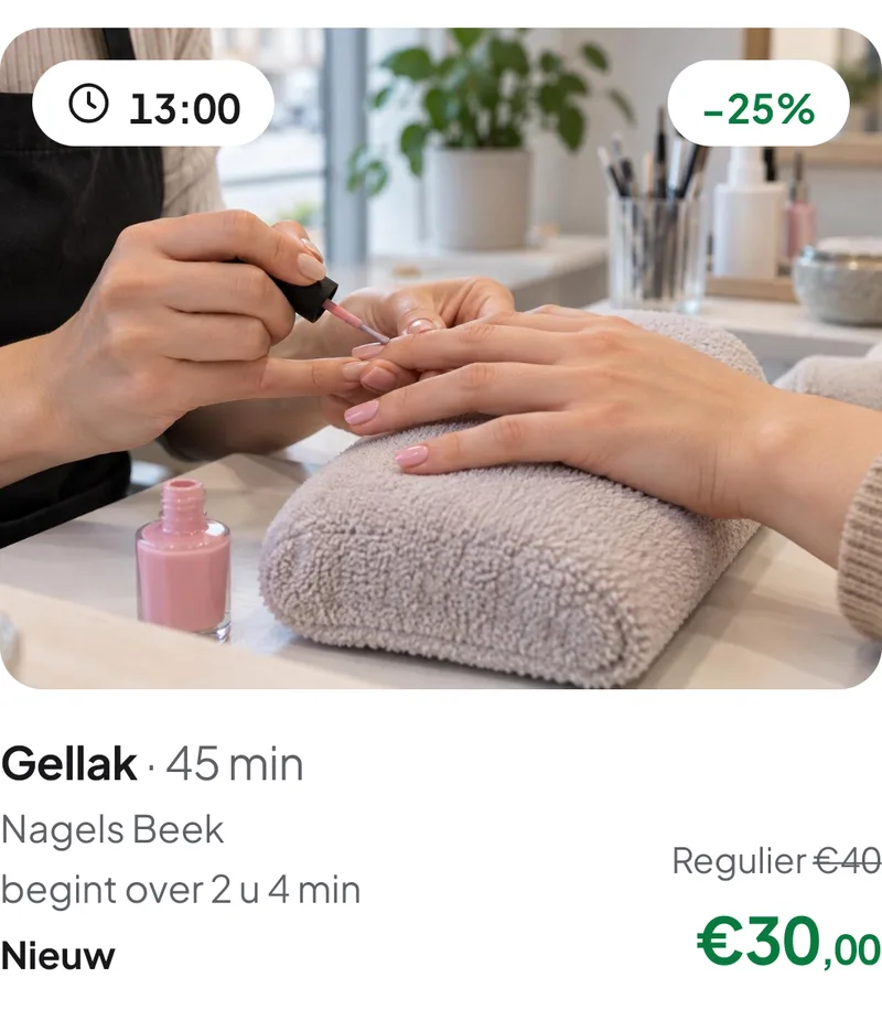 Een open plek in de LastSpot-app: gellak om 13:00, 25 % korting, van €40 voor €30